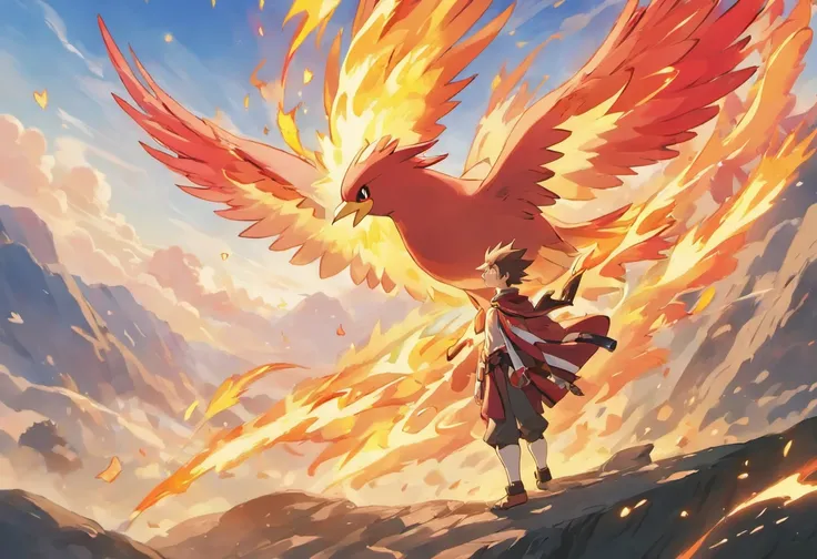 Mainly red，The bird，The bird exudes majesty，The birds emit flames all around，Soar in the sky，Flying freely。A man standing on a steep cliff watching the birds，People have only one back，Man and majestic bird looked at each other，Its like a scene of slaughter...