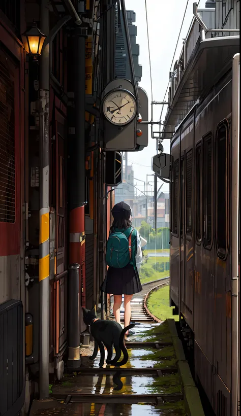 train、train track、dystopian、Skysky、Black sky、rain is falling, cute anime  cybergirl wearing a backpack. A cat walks alongside her