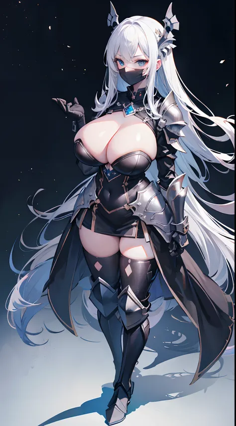 (gigantic cleavage breasts:1.1)，European knights，machine girl，Para cobrir seu rosto，Full coverage masks，Black iron boots，Black hand armor，Full body like，Stand under the night of the aurora，Walk in the wilderness，white backgrounid，simplebackground