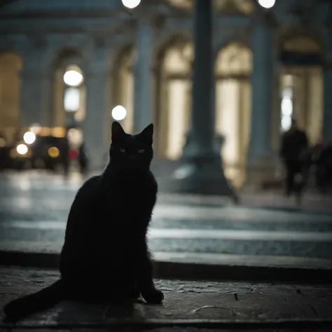 black cat, full figure, walking in the night, masterpiece, best quality, extremely detailed, cinematic lighting, detailed fur and eyes, 8k, realistic, award winning, photograph