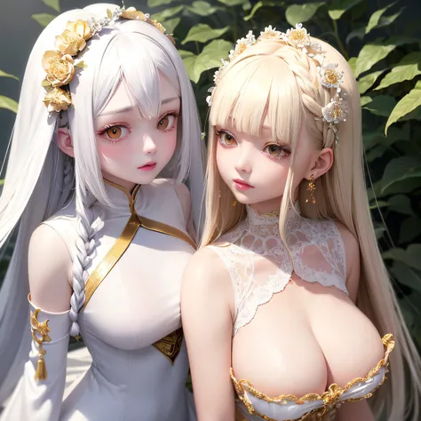 top-quality、​masterpiece、white  hair、Gold Eye、white  clothes、look up to、The upper part of the body、Hair strands、light skinned、Side braid、White clothes, 2 girls, Beautiful breasts,