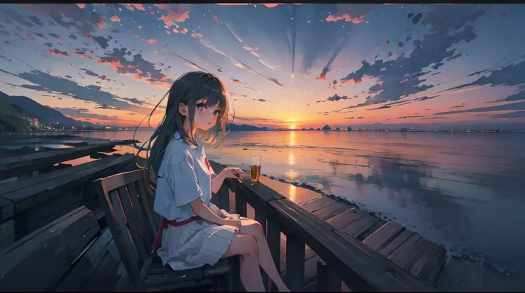 A girl sitting by the sea，Watch the sunrise and sunset