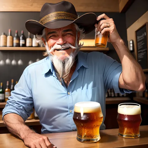 Homem velho de 50 anos, humorous, barbas por fazer, in a hat, camisa branca rasgada e suja, em um bar, glass of beer in hand and smiling