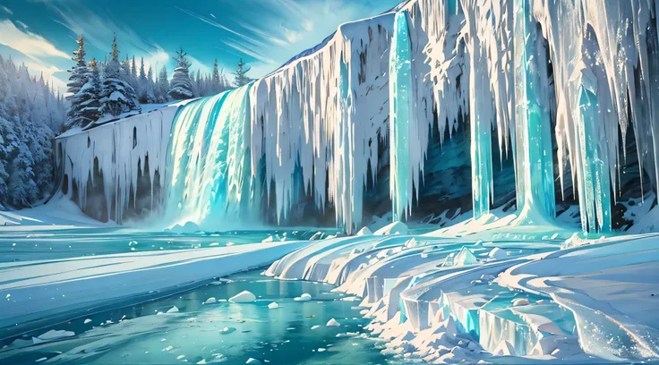 frozen canadian waterfall, a breathtaking spectacle of nature, a frozen cascade of crystalline ice towers in canada. surreal. ma...