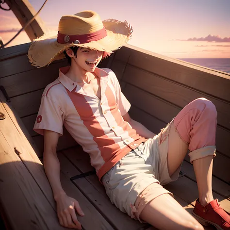 A anime boy named luffy , with a Cream colour hat and red strips in it, laughing eyes coverd by hat sitting in a ship ,pink sky ,8k , realistic, cinematic