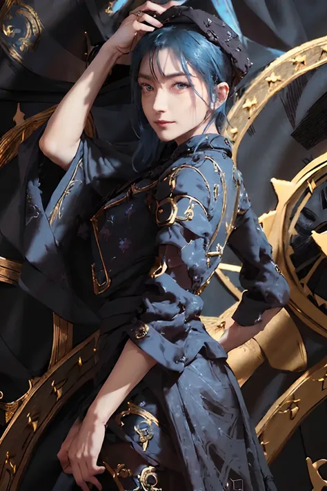 ((top-quality、8K、​masterpiece:1.3)), (Medium Hair, Beautiful hairstyle, lightbluehair:1.5)、(gold foil, Intricately drawn paisley pattern, Delicate workmanship, ((Black Fabric:1.4)), maid dress:1.5), Clear, Fine-grained skin、Beautiful clear eyes、cleavage of...