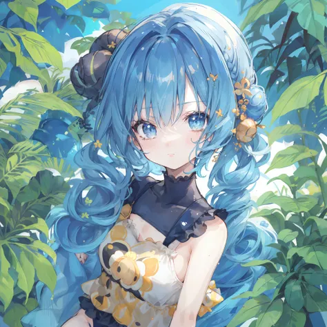 1girl,jungle,:|,beehive hairdo,eye reflection,casual one-piece swimsuit,blue theme hair,