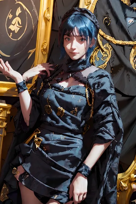 ((top-quality、8K、​masterpiece:1.3)), (Medium Hair, Beautiful hairstyle, lightbluehair:1.5)、(gold foil, Intricately drawn paisley pattern, Delicate workmanship, ((Black Fabric:1.4)), maid dress:1.5), Clear, Fine-grained skin、Beautiful clear eyes、cleavage of...