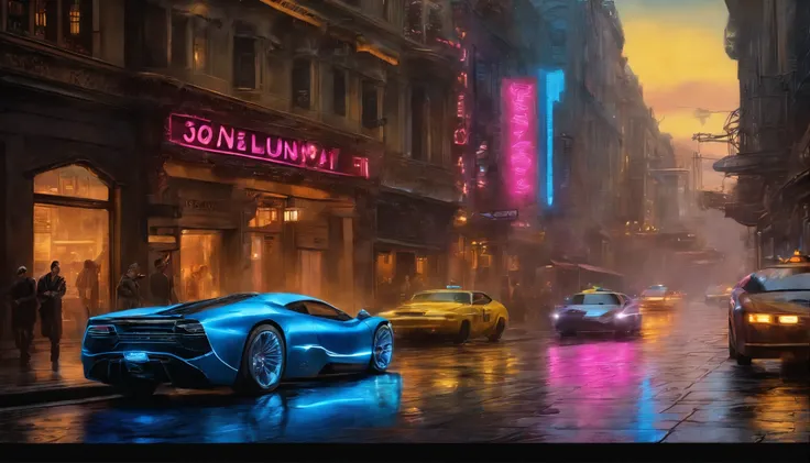 Oil painting of a (Steampunk Cyberpunk Cityscape), (chiaroscuro effect), ((futuristic bronze colored steampunk hypercar in street)), (realistic:1), (Photorealistic:1), ((Magnificent steampunk-cyberpunk UFO in the sky：1.5)),  (midnight、cyberpunk, asphalt、gr...