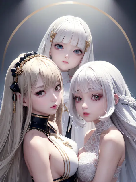 top-quality、​masterpiece、white  hair、Gold Eye、white  clothes、look up to、The upper part of the body、Hair strands、light skinned、Side braid、White clothes, 2 girls, Beautiful breasts,