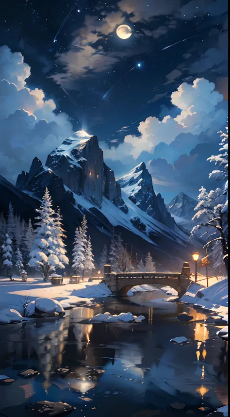 A painting of a river with stars and moon in the sky，The concept art was inspired by Tosa Mitsuoki，Pixiv competition winner，best qualtiy，Fantasyart，beautiful anime scenes，A bright moon，Starry sky environment in moonlight，High snow-capped mountains in the d...