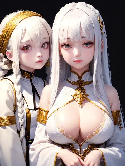 top-quality、​masterpiece、white  hair、Gold Eye、white  clothes、look up to、The upper part of the body、Hair strands、light skinned、Side braid、White clothes, 2 girls, Beautiful breasts,