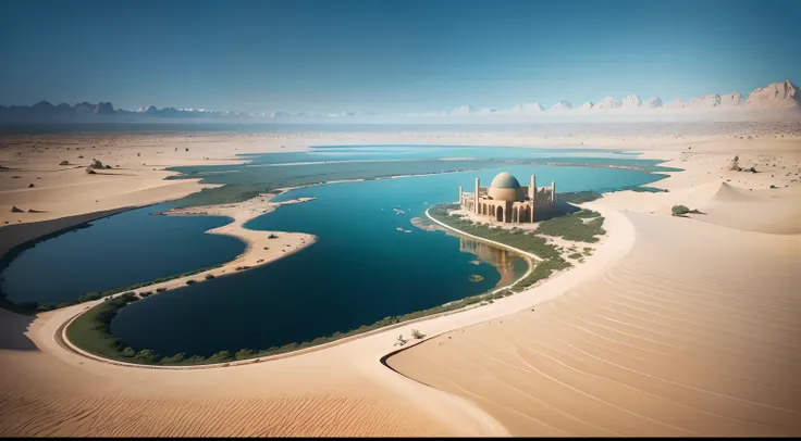 super wide shot，Vast desert，Fantastic desert forest，Heart-shaped lake，(zoomout:1.2)，(Greenery:1.2)，Dubai，Animal remains，Desolate and lonely，Fantastic design, Best quality, Very detailed, Masterpiece, movie light effect, 8K，epic fantasy digital art，high def...