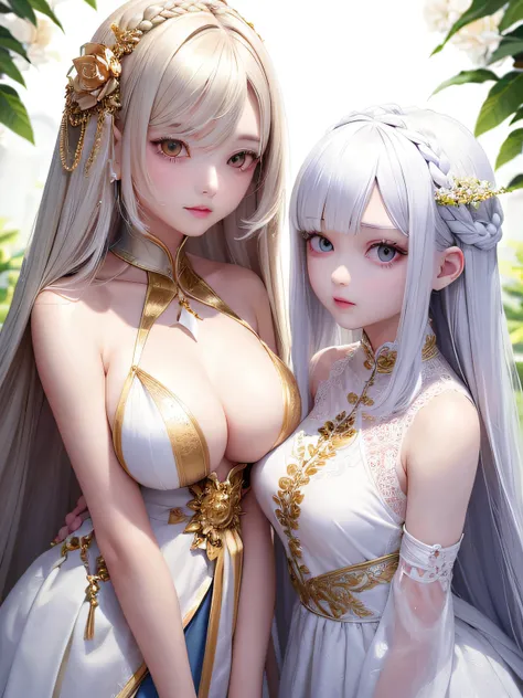 top-quality、​masterpiece、white  hair、Gold Eye、white  clothes、look up to、The upper part of the body、Hair strands、light skinned、Side braid、White clothes, 2 girls, Beautiful breasts,