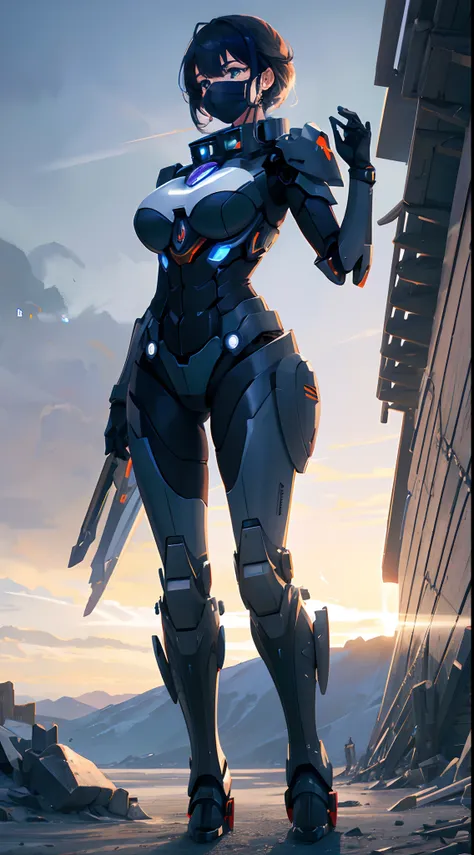 Mechanical, Mecha, solo person, Solo,(gigantic breasts:0.8)，European knights，machine girl，Para cobrir seu rosto，Full cover mask，Black iron boots，Black hand armor，Full body like，Stand at the night of the aurora，Walk in the wilderness，white backgrounid，simpl...