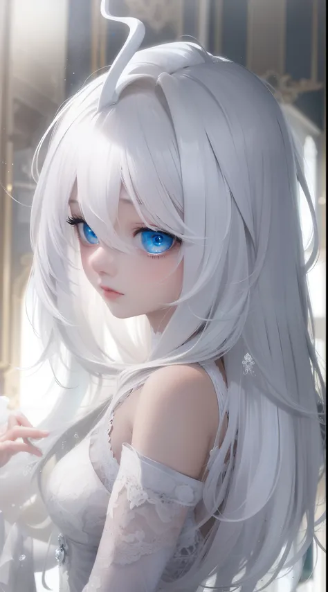 Best quality, Masterpiece,White hair, Blue eyes, The upper part of the body