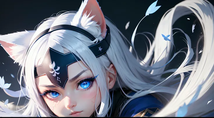 Ninja girl portrait, beatiful blue eyes, ultra detailed eyes, blush, white hair, white mask, face covering white mask, 8k, masterpiece, dark background, magic symbols , neko ears, forehead symbol, sakura leaves, salura leaves flying, moon background