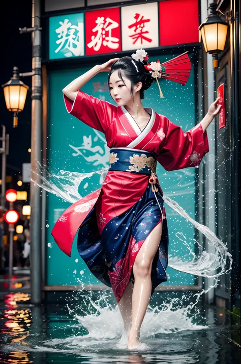 traditional japanese geisha with a bold wet spary splashes graffiti-style lights in various colors as she moves breakddances in water puddles sea gracefully