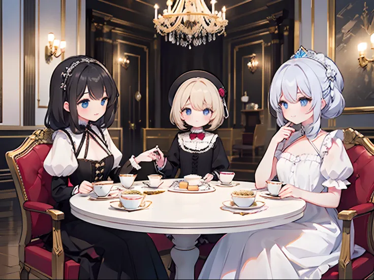 {high quality}, aristocrat, little girl, lady, write lines clearly, draw eyes nicely, smile, {three ladies}, tea party, fancy round table, fancy black chair, teacups, teapot, tea, party stand, cupcakes, macaroons, {in palace}, various ladies in background,...