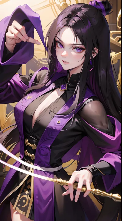 Grown-up guy, Long black hair, violet eyes, smirk, Fiadem, Purple Royal Ninja, Gold Elements, Masterpiece, hiquality, 4k, HD, Good detail