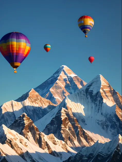 (8K, 16 k, awardwinning, Best quality, A high resolution, Super detail,ultra - detailed, Anatomically correct, masutepiece)，3 colorful high-altitude hot air balloons fly over Mount Everest,In the background are rolling snow-capped mountains at sunset，Blue ...