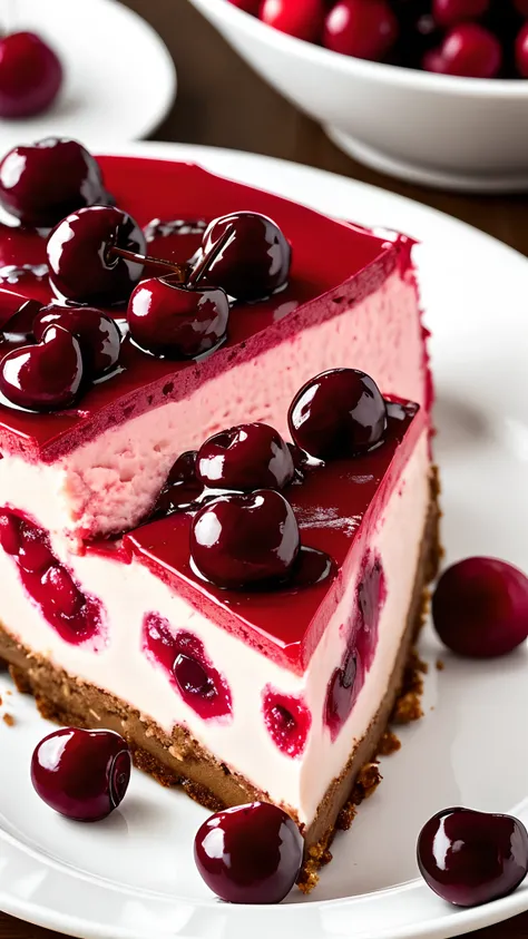 Appetizing slice of cherry cheesecake with chocolate, delicious, fragrant, detailed  professional photography and light, close-up