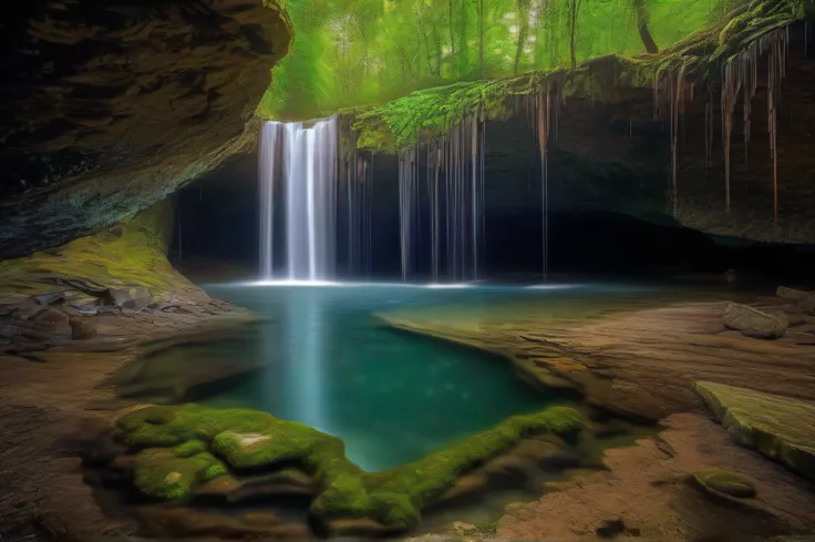 (a) cave behind a waterfall, detailed rock formation, hidden entrance, sparkling water, moss-covered walls, mysterious atmosphere, beautiful natural light, shimmering water droplets, secret sanctuary, hidden treasures, serene atmosphere, immersive experien...