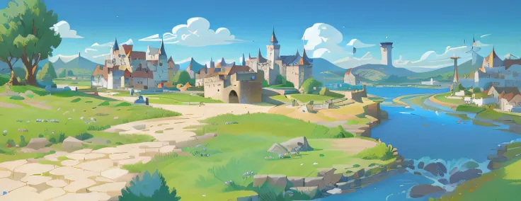 cartoon illustration of a small village with a river and a bridge, town background, mobile game background, distant village back...