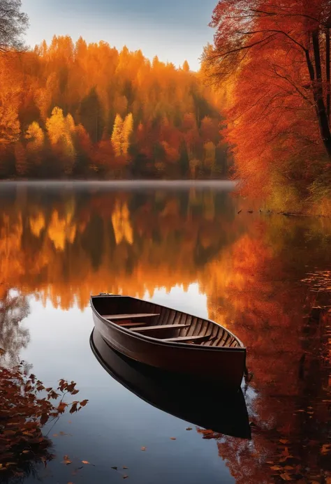 Artistic picture of the autumn forest, lake and beautiful sunset. On the lake there is a boat and the reflection of the forest in the water