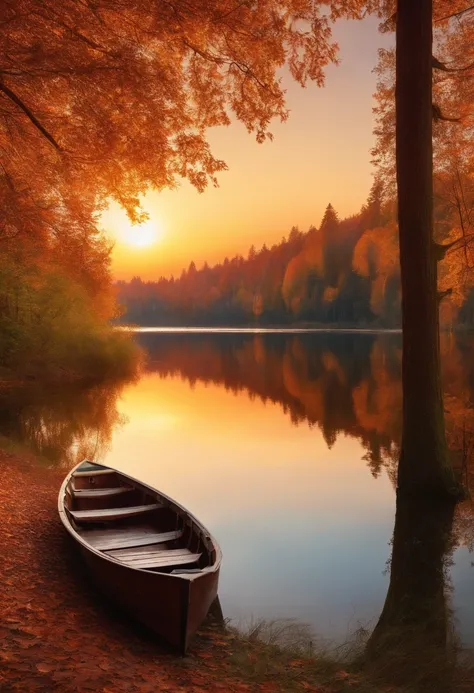 Artistic picture of the autumn forest, The lake and the beautiful sunset. There is a boat on the lake and a reflection of the forest in the water