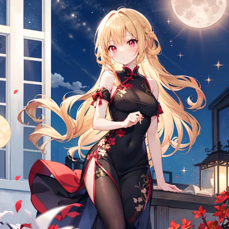 Wavy blonde hair、red eyes、sparkly eyes、Beautiful girl alone、qipao dress、Beautiful Moon、natta、red blush、Outside