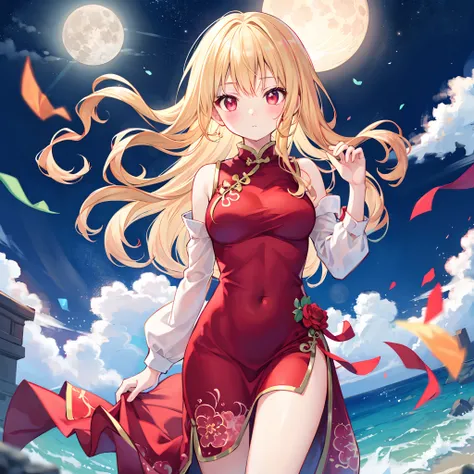 Wavy blonde hair、red eyes、sparkly eyes、Beautiful girl alone、qipao dress、Beautiful Moon、natta、red blush、Outside