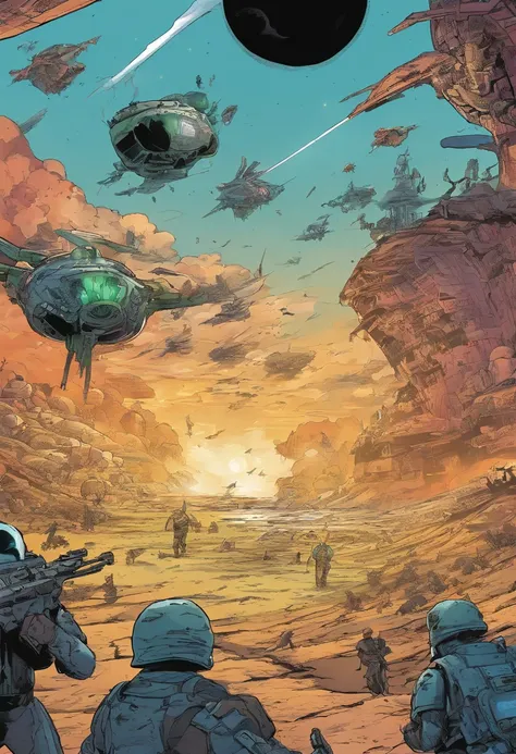 A shot of Zorax landing on a Zorgon planet, surrounded by enemy soldiers.