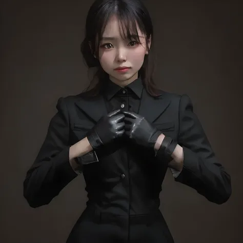 Young Japan woman lifting black suit onto shirt, Black leather gloves worn on both hands, Hands of woman in black suit and black leather gloves in front of you