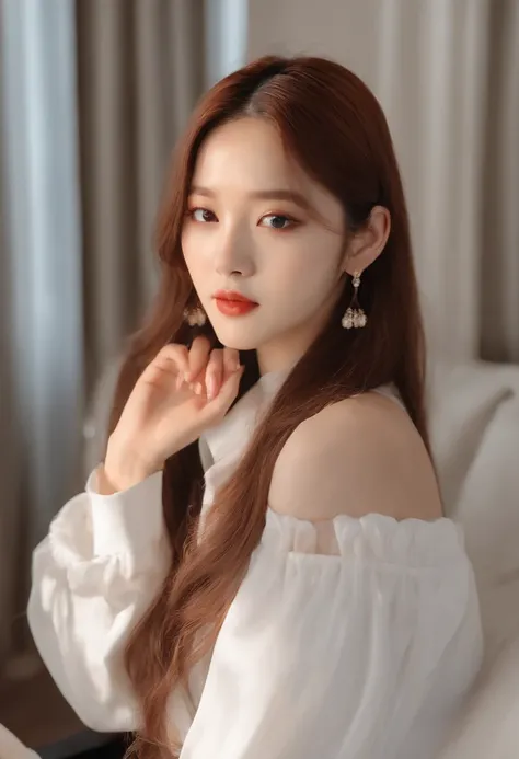 a close up of a woman with long hair wearing a white shirt, ulzzangs, wan adorable korean face, jisoo from blackpink, 8K)), tiktok video, Korean girl, low quality video, Kim Do-young, trending at cgstation, she has long orange brown hair, jisoo of blackpin...