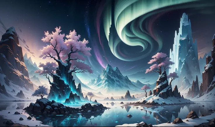 Space Magic Week， Magic concept art highlights，Ancient Chinese landscapes，snow mountains，snowy peak，mountain ranges，Winters，snowflower，Snow and ice cover，Ice Lake，Cold，branches，Bleak，fog atmosphere，blue-sky，baiyun，Rime，Winter sun，north wind，Icicles，snow la...