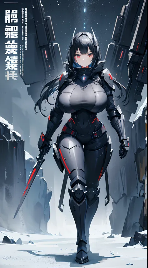 black color hair，scifi style，Armor in medieval style，machine armor，Fluorescent armor, solo person, Solo,(gigantic breasts:1.3)，European knights，machine girl，Cover your entire face，Full cover mask，blindfolds，Black iron boots，Black hand armor，Full body like，...