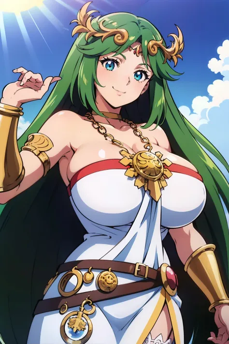 1990s anime cels style, 1990s manga style, best quality, high resolution, 1girl, (huge breasts:1.2), Beautiful face, smile, hmpa1, palutena, parted bangs, tiara, large breasts, necklace, bare shoulders, strapless dress, vambraces, belt, white dress, white ...