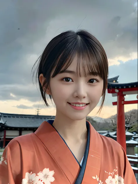 (Close up portrait of short-haired girl with dull bangs in beautiful glamorous kimono:1.5)、(One of the girls enshrining the shrine of Japan with a smile:1.3)、(A shrine in Japan with a winter sky:1.5)、(Perfect Anatomy:1.3)、(No mask:1.3)、(complete fingers:1....