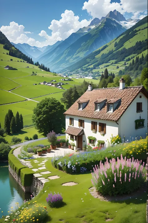 Peaceful and idyllic countryside, Rolling green hills dotted with grazing sheep, Charming villa，Set amidst vibrant flowers, Clear blue sky overhead, Evokes a sense of peace and simplicity, Valle encantador, switzerland, patches of green fields, lush countr...