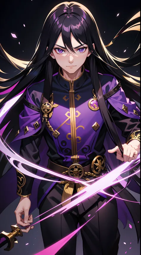 Grown-up guy, Long black hair, violet eyes, smirk, Fiadem, Purple Royal Ninja, Gold Elements, Masterpiece, hiquality, 4k, HD, Good detail