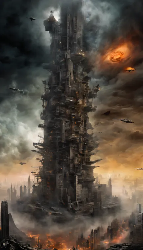 (sci-fi art:1.5), sci-fi postapocalyptic world, (a flying city:1.7), a white flying castle is located on it, (huge mechanisms spew clouds of smoke:1.3), panoramic view, clouds of smoke, storm clouds, (masterpiece), (vivid colors:1.6)