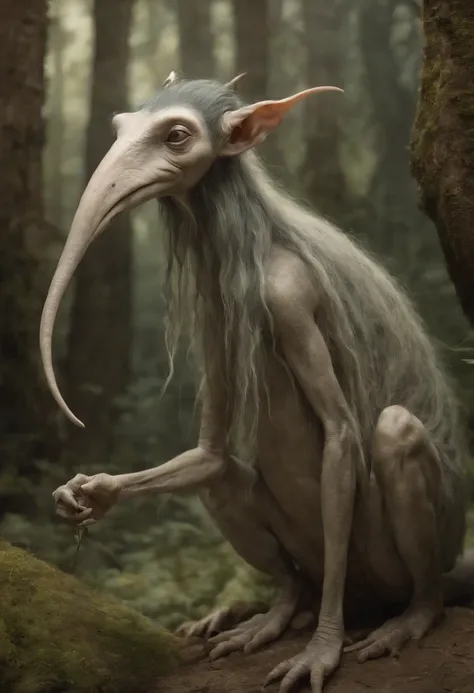 a drawing of a creature with a long nose and a long tail, concept art inspired by Brian Froud, tumblr, art nouveau, brian froud style, brian froud juan gimenez, style of jean baptiste monge, monge jean-baptiste monge, jean - baptiste monge, jean baptiste m...