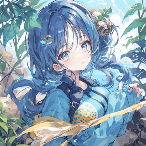 1girl,jungle,:|,beehive hairdo,eye reflection,casual one-piece swimsuit,blue theme hair,