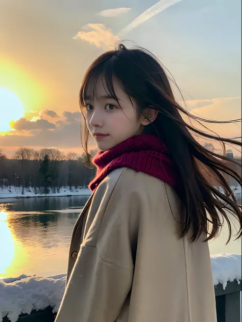 (A close-up portrait from behind of one slender girl has long hair with dull bangs and a scarf coat in winter uniform:1.5)、(One girl turned around with a sad face with hair fluttering in the wind :1.3)、(Beautiful snowy sunset all red sky:1.5)、(Perfect Anat...