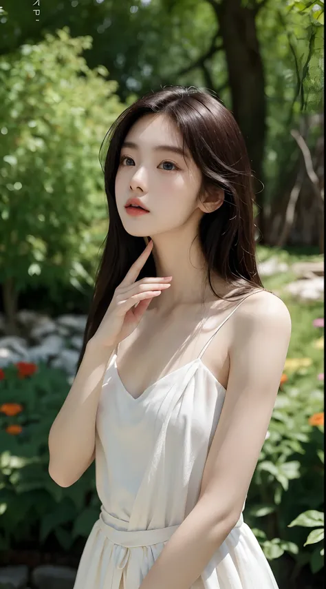 Japanese and Korean beauties，18yr old，Pure and cute，16K HD is realistic，Photographic quality，delicated face，mesmerizing eyes，二重まぶた，long eyelasher，sensual lip，Slim and slim，White skin，Realistic slender five fingers，In the background garden，Ethereal beauty