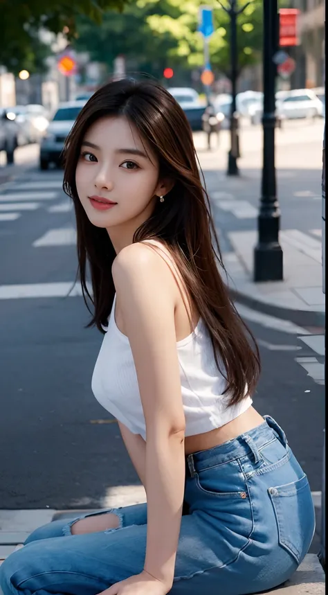 (masterpiece), a stunning photograph of korean girl model, full body, 8k, raw photo, looking at viewer, (highly detailed skin:1.2), small breasts, slim body, brown hair, (photorealistic:1.4), white shirt, blue jeans, solo, jewelry, earrings, (looking at vi...