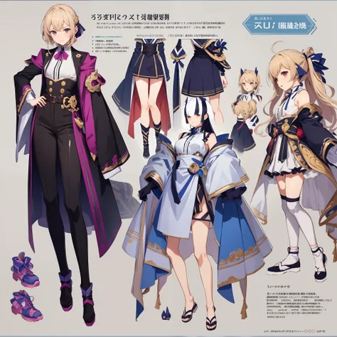 anime - style image of a character with a variety of hair and accessories, anime set style, anime character reference sheet, fantasy uniform, flat anime style, anime full body illustration, full_body!!, complete detailed body, extra detailed body, anime vt...