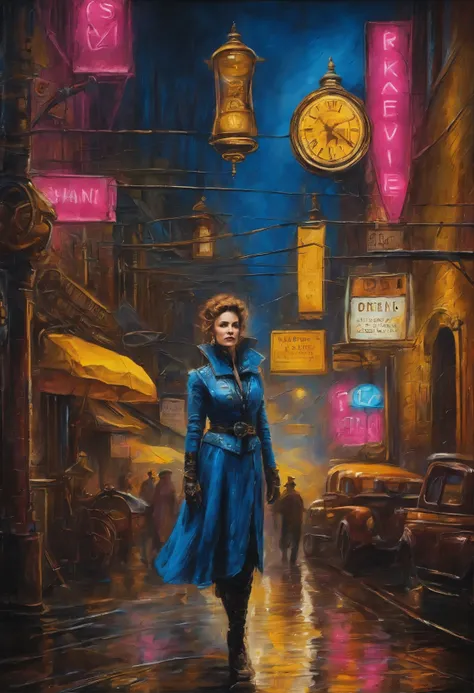 Oil painting of a (steampunk/cyberpunk girl) in street, (close up cowboy shot), messy shapeless hair, ((chiaroscuro effect)), (Steampunk Cyberpunk Cityscape)、(midnight、cyberpunk, asphalt、graffiti art、Reflectors、Shops、kiosk、Walkway、a street、police officers、...