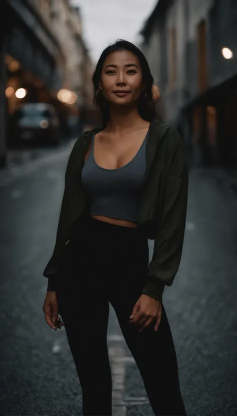 High quality 4K, Vue de nuit sur la rue, 3-point lighting, Cinematic photo shoot, softlighting, realistic lighting, rue, Fille japonaise avec un beau corps, beau visage, porter un short de sport, OOTD, corps mince, Smiling at the camera, seductive pose